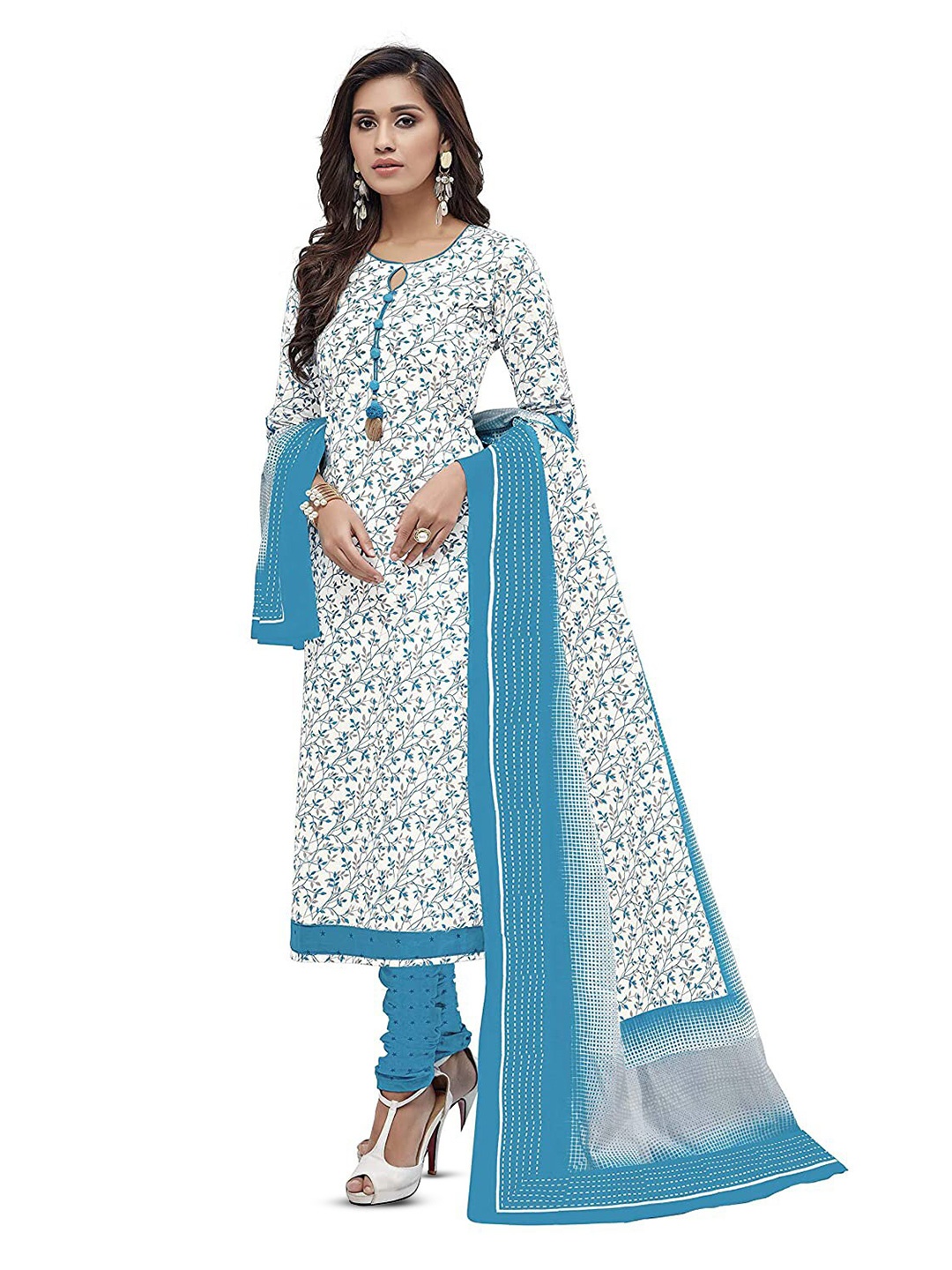 

MIRAAN Printed Pure Cotton Unstitched Dress Material, White