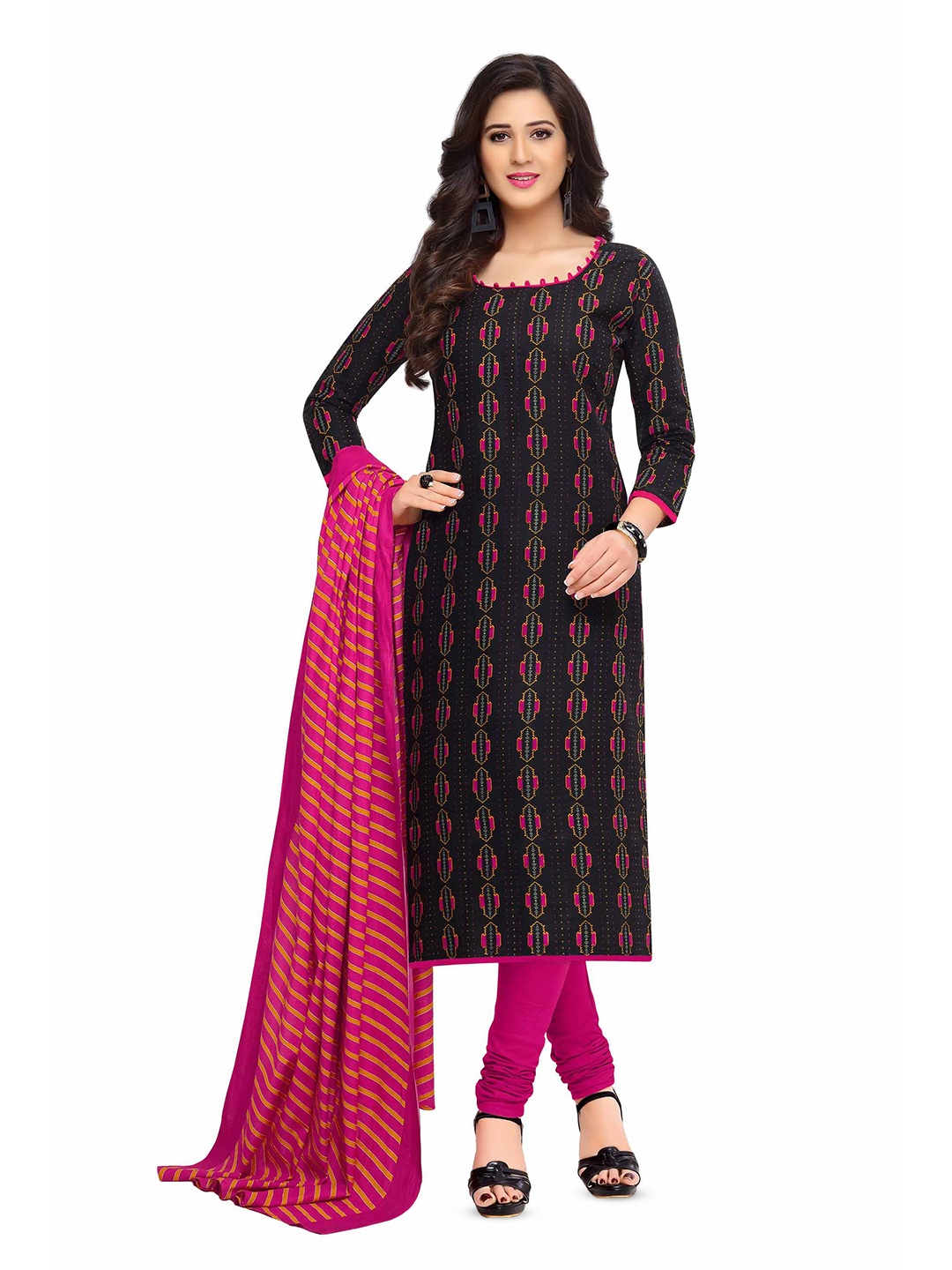 

MIRAAN Printed Pure Cotton Unstitched Dress Material, Black