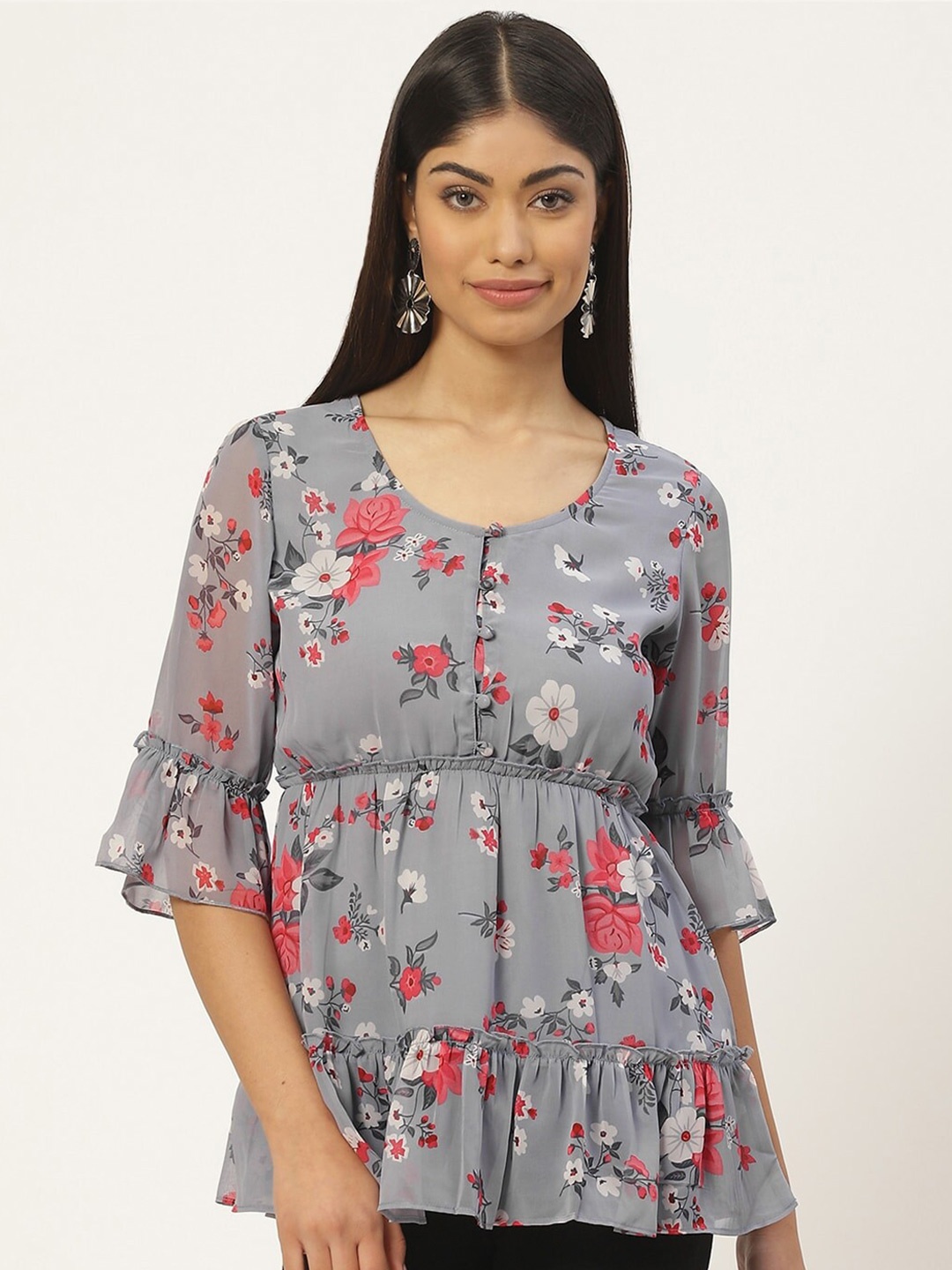 

Slenor Floral Print Bell Sleeve Georgette Empire Top, Grey