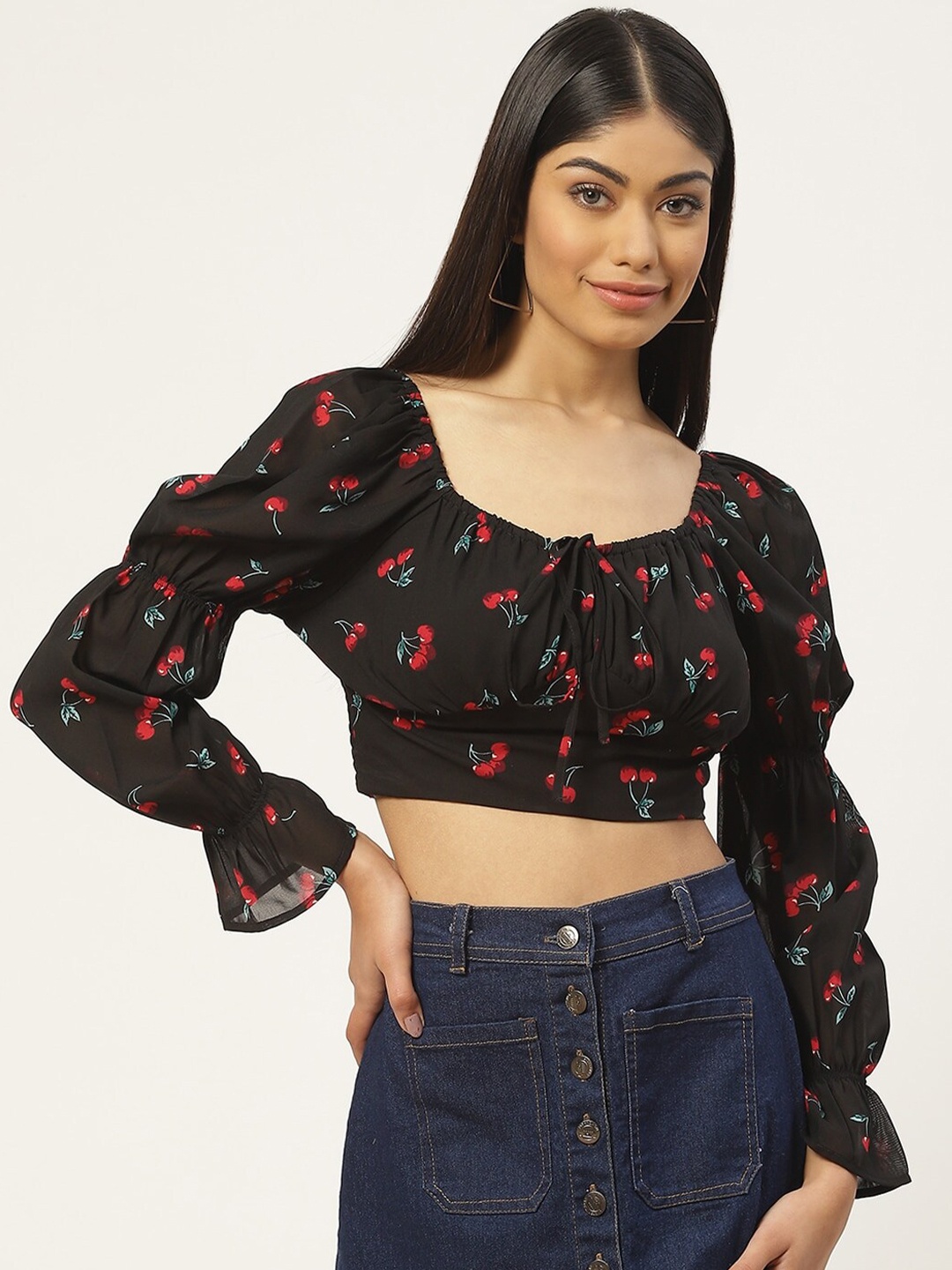 

Slenor Floral Print Bell Sleeve Smocked Georgette Blouson Crop Top, Black