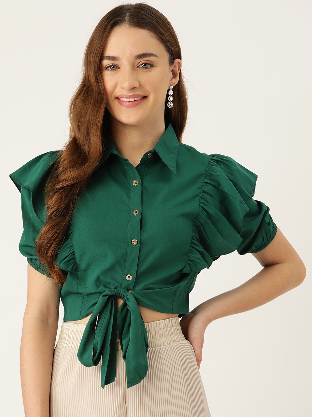 

Slenor Puff Sleeve Ruffles Crepe Shirt Style Crop Top, Green