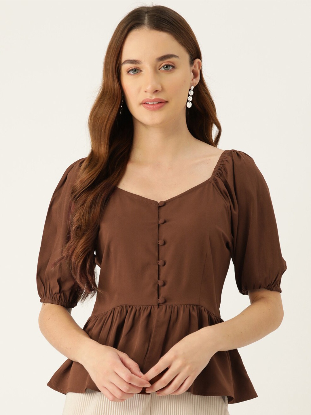 

Slenor Sweetheart Neck Puff Sleeve Crepe Peplum Top, Brown