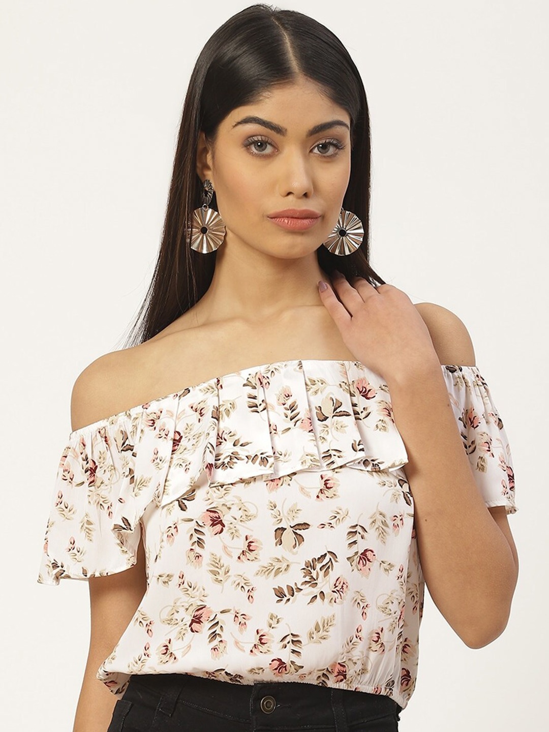 

Slenor Floral Print Off-Shoulder Layered Georgette Bardot Top, Cream