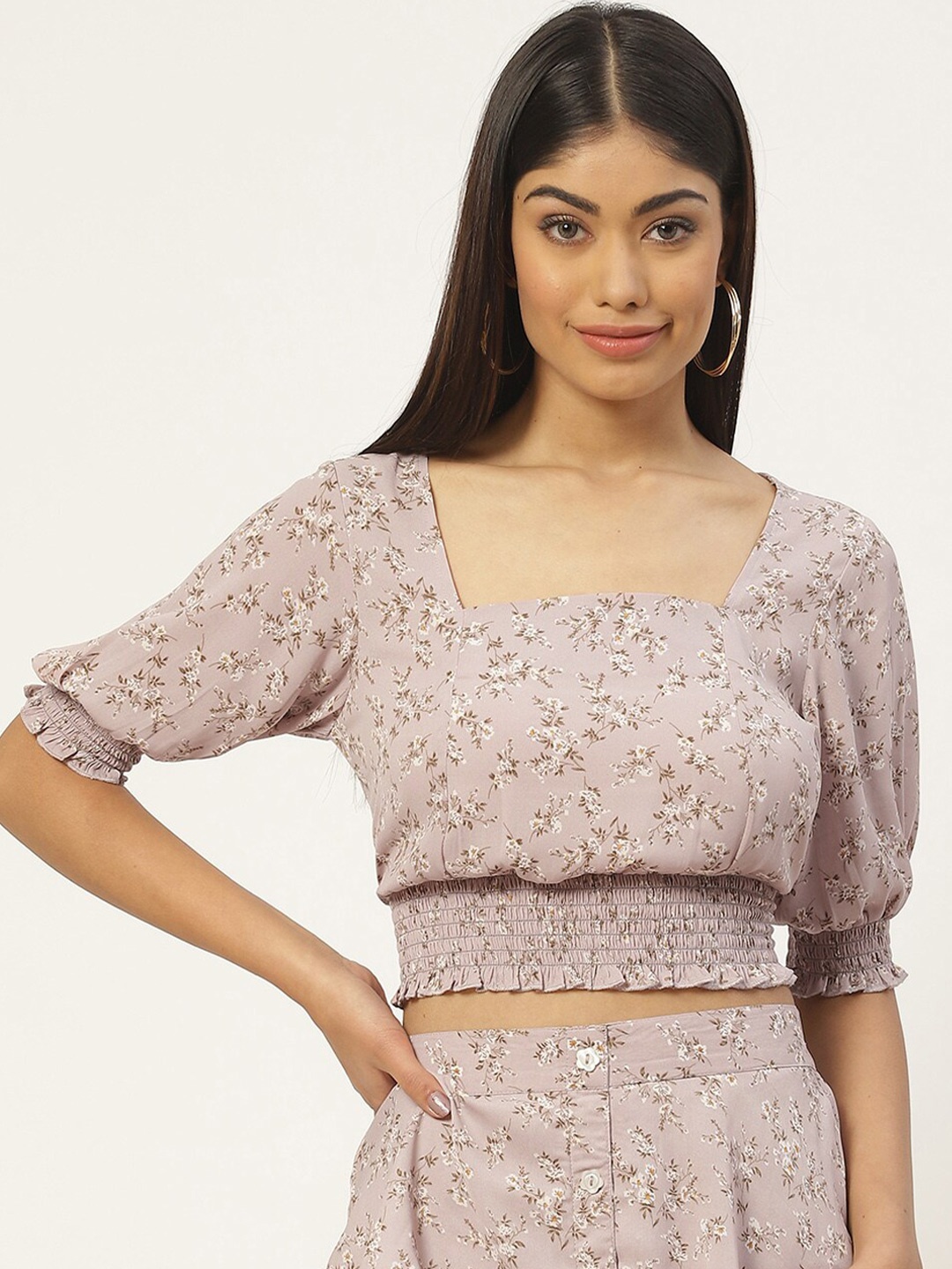 Slenor Floral Print Puff Sleeve Smocked Georgette Crop Top, Multi