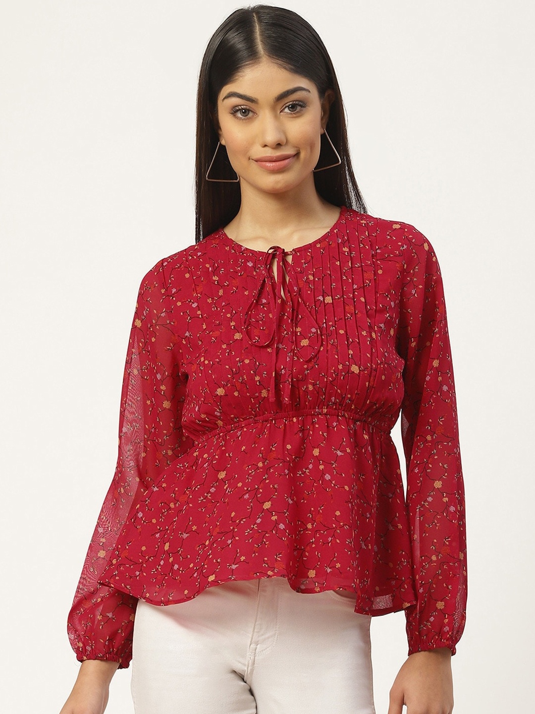 

Slenor Geometric Print Tie-Up Neck Puff Sleeve Georgette Empire Top, Red