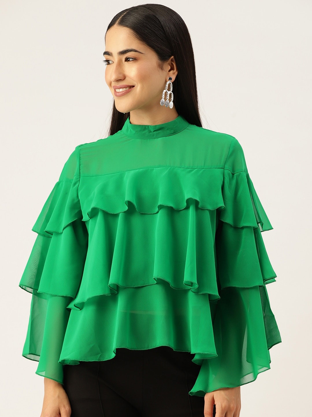

Slenor Flutter Sleeve Layered Georgette Tiered Top, Green