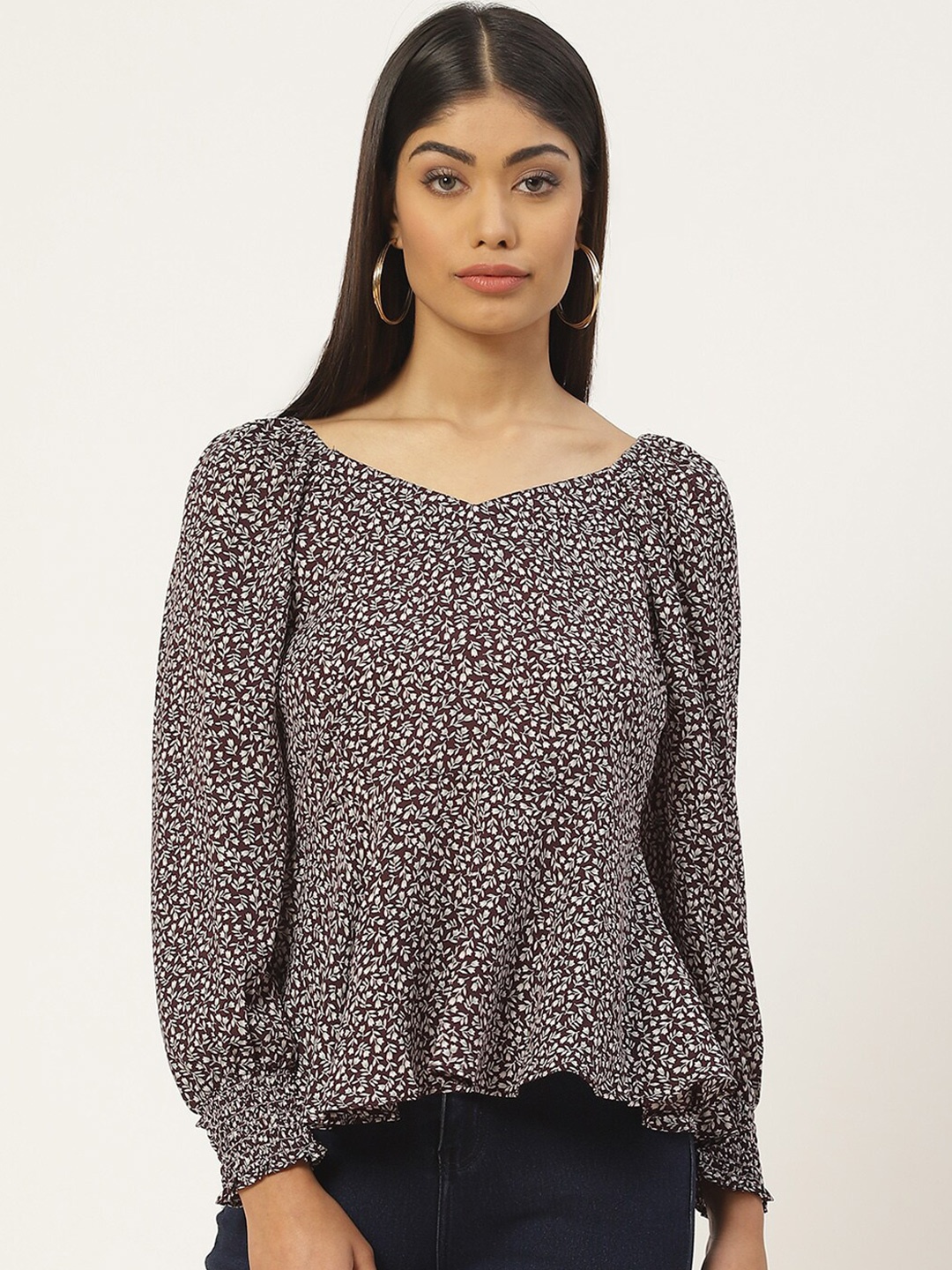 

Slenor Geometric Print Puff Sleeve Georgette Top, Multi
