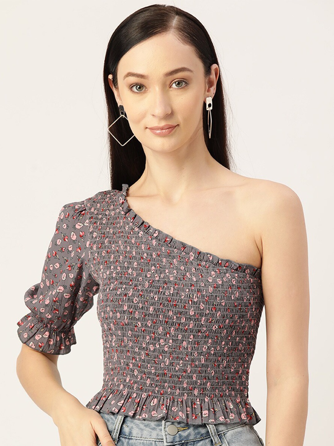 Slenor Floral Print One Shoulder Puff Sleeve Crepe Top, Grey