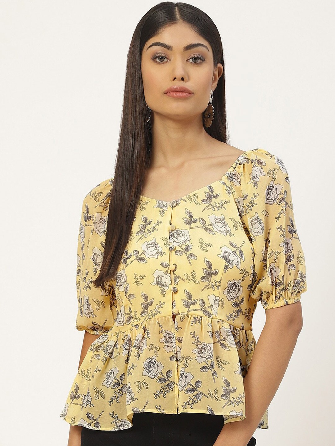 

Slenor Floral Print Puff Sleeve Georgette Peplum Top, Yellow