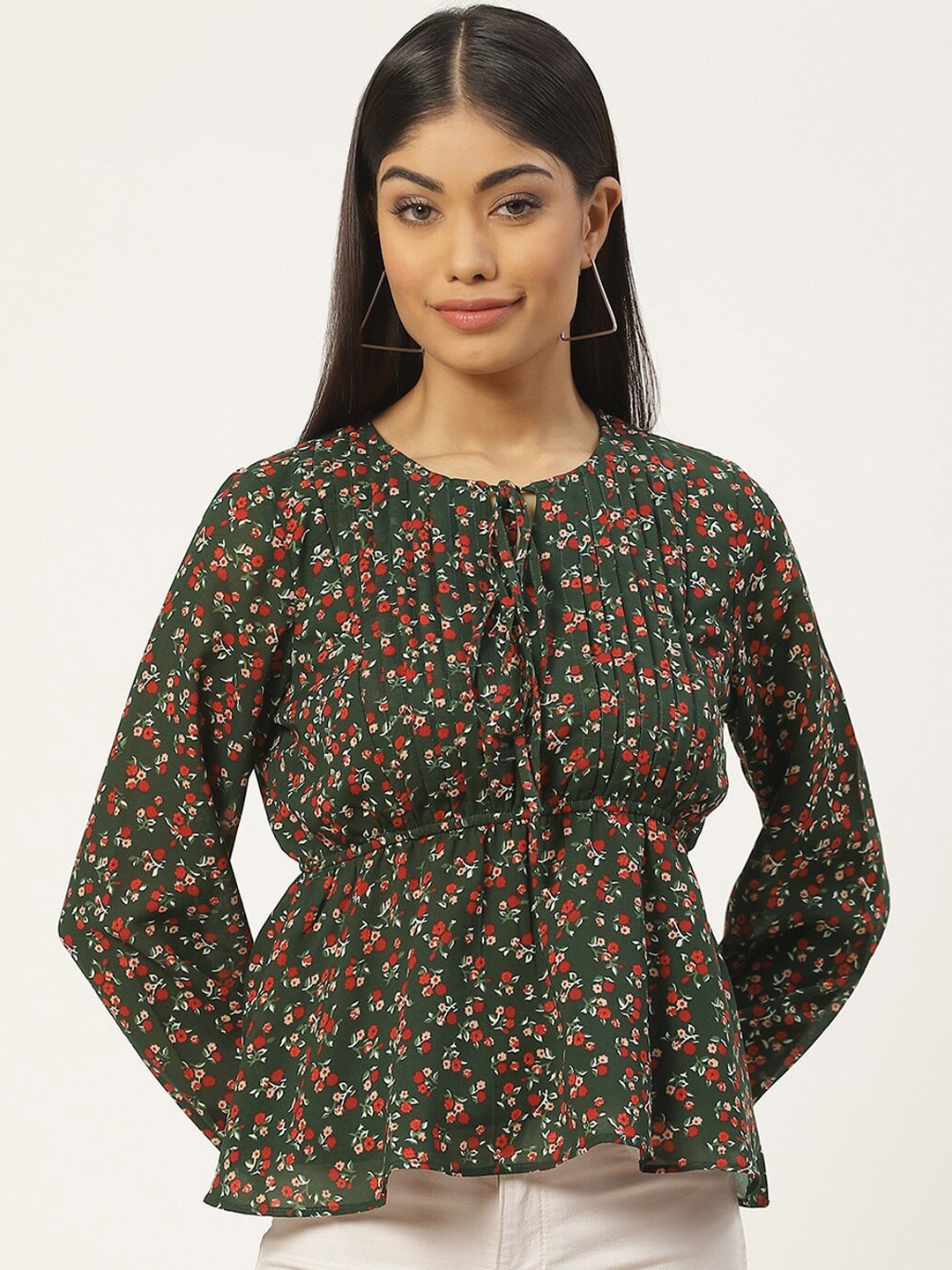 

Slenor Floral Print Tie-Up Neck Puff Sleeve Georgette Cinched Waist Top, Multi
