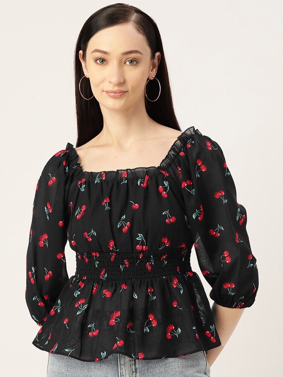 

Slenor Floral Print Puff Sleeve Georgette Cinched Waist Top, Multi