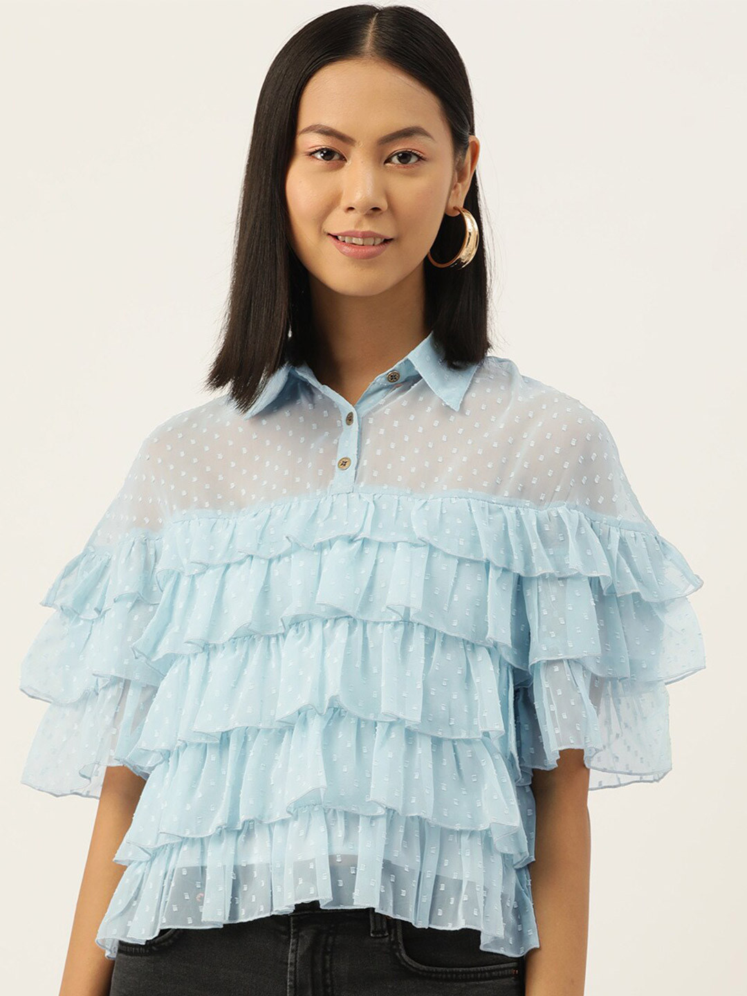 

Slenor Flared Sleeve Layered Georgette Shirt Style Top, Turquoise blue