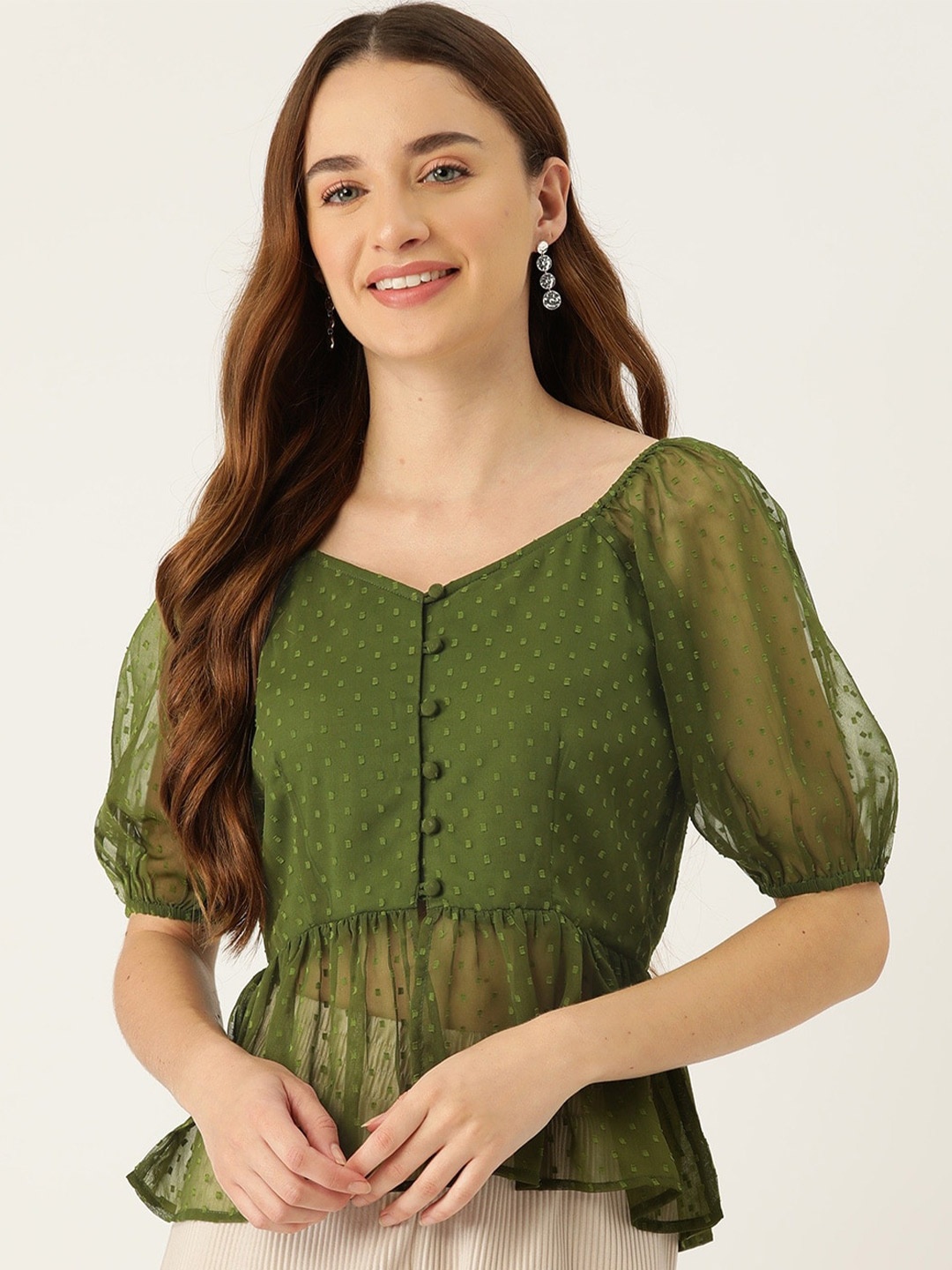 Slenor Puff Sleeve Georgette Peplum Top, Olive