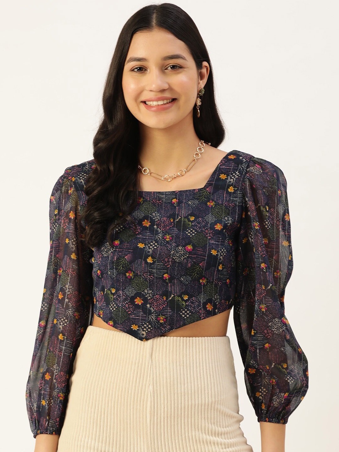 

Slenor Floral Print Puff Sleeve Georgette Crop Top, Navy blue
