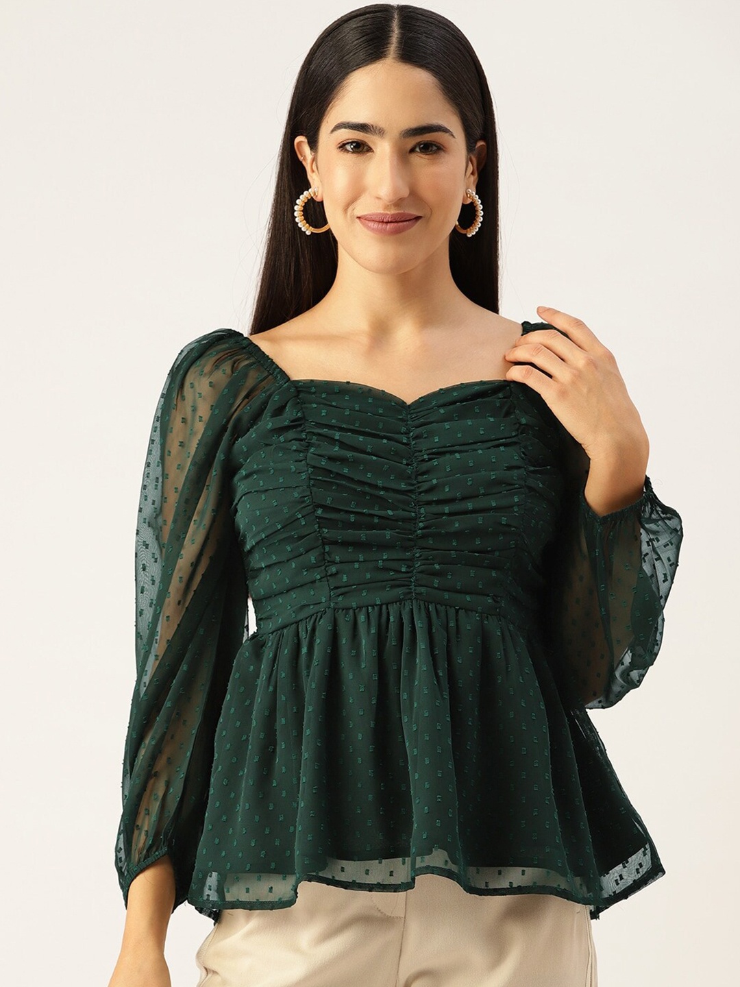 

Slenor Sweetheart Neck Puff Sleeve Georgette Peplum Top, Green