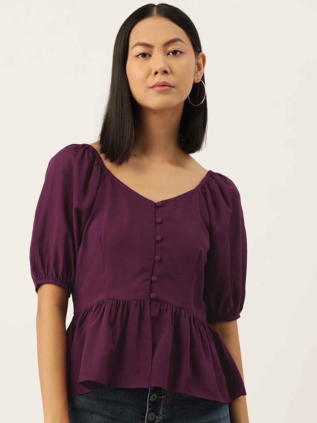 

Slenor Puff Sleeve Crepe Peplum Top, Purple