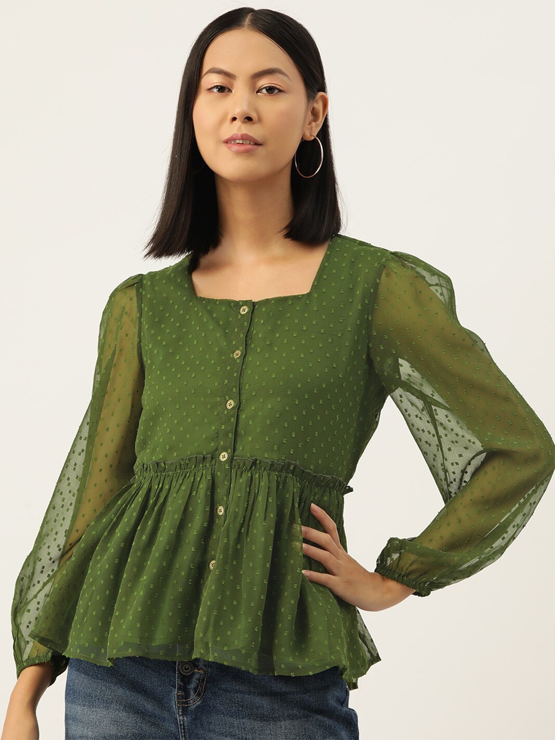 

Slenor Puff Sleeve Georgette Peplum Top, Olive