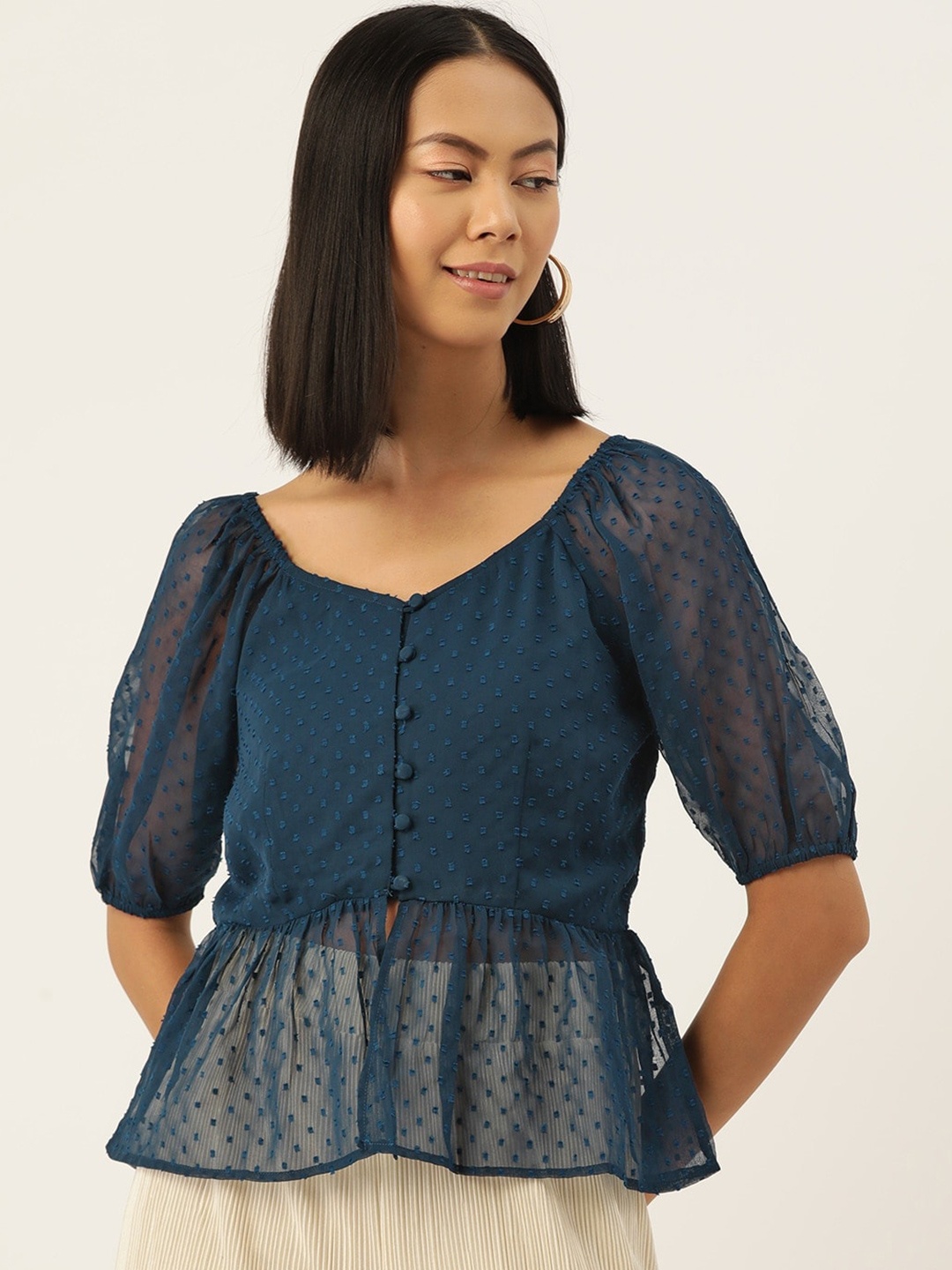 

Slenor Puff Sleeve Georgette Peplum Top, Blue