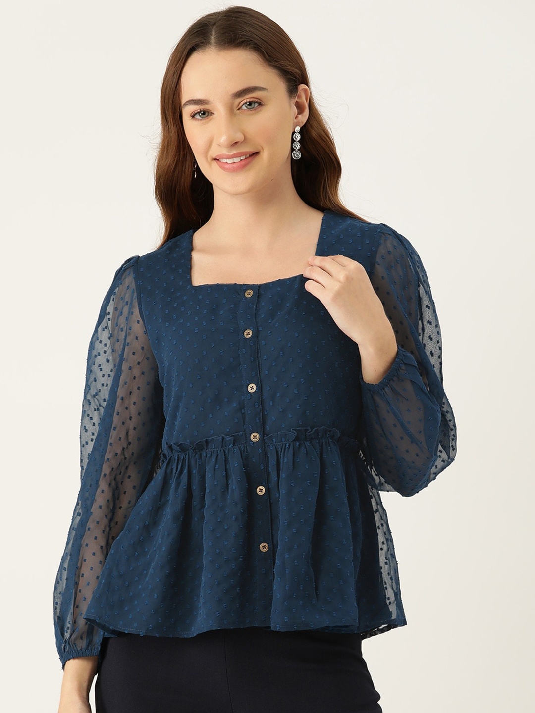 

Slenor Puff Sleeve Georgette Peplum Top, Blue