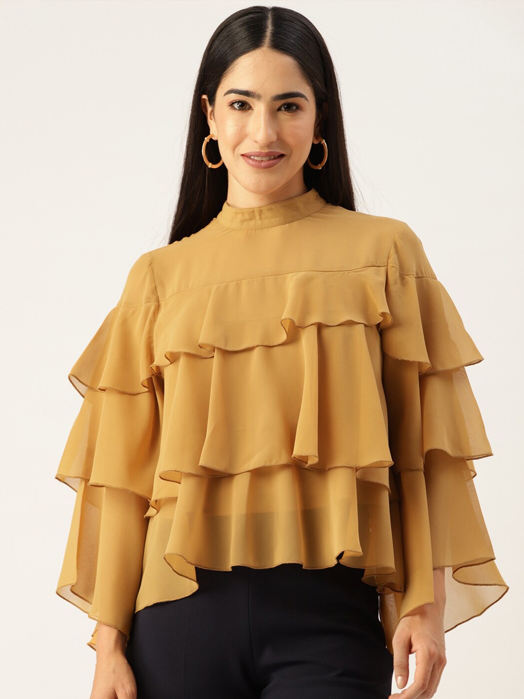 

Slenor Flutter Sleeve Layered Georgette Tiered Top, Yellow