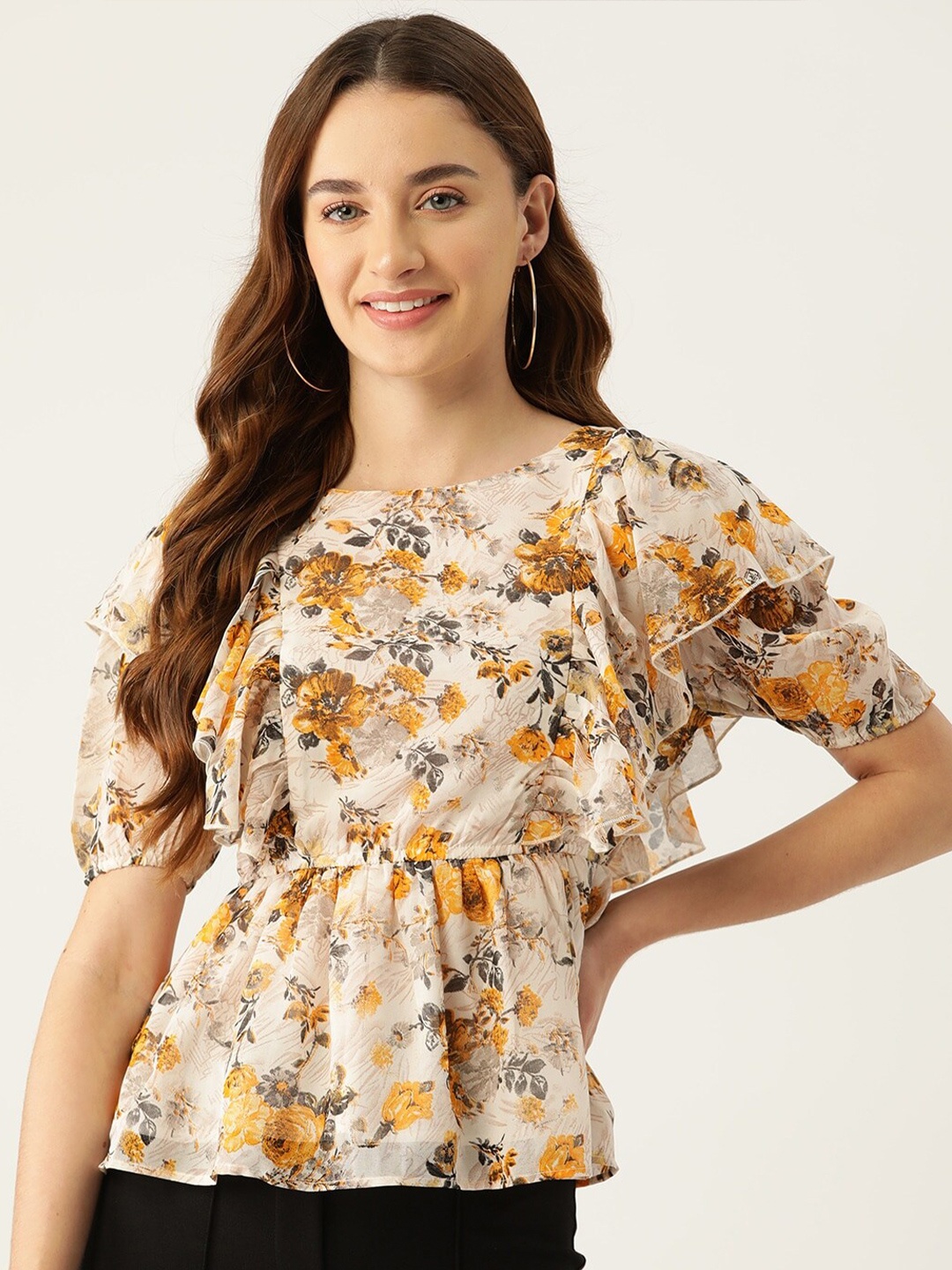 

Slenor Floral Print Puff Sleeve Crepe Cinched Waist Top, Multi