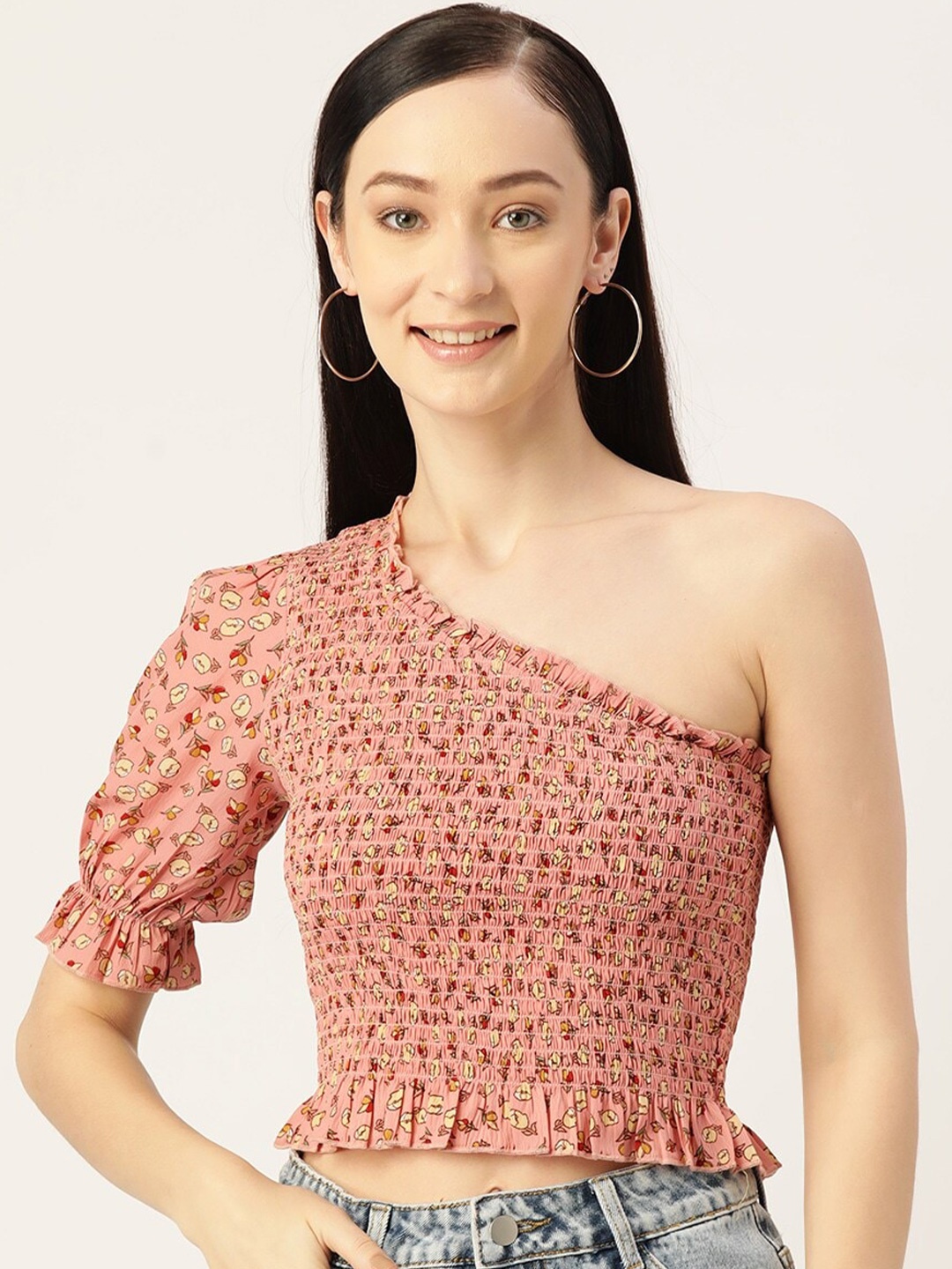 

Slenor Floral Print One Shoulder Puff Sleeve Crepe Crop Top, Peach