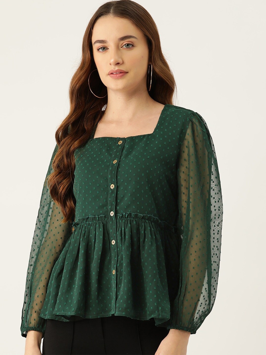 Slenor Puff Sleeve Georgette Peplum Top, Green