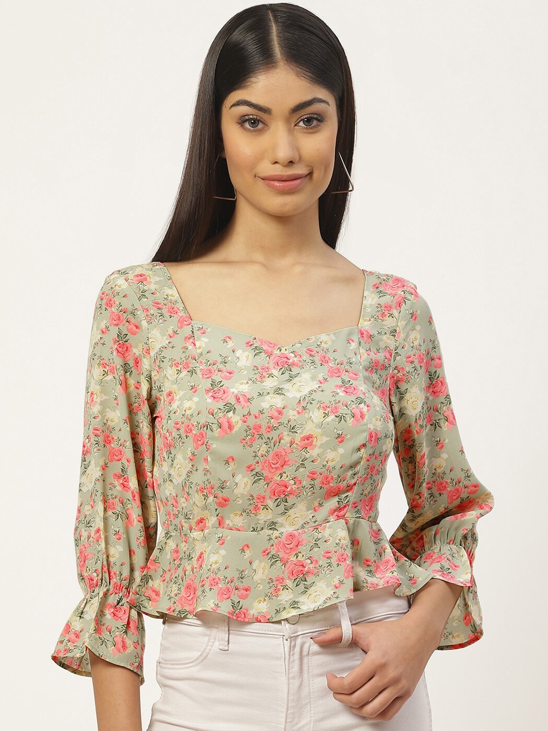 Slenor Floral Print Bell Sleeve Smocked Georgette Top, Multi