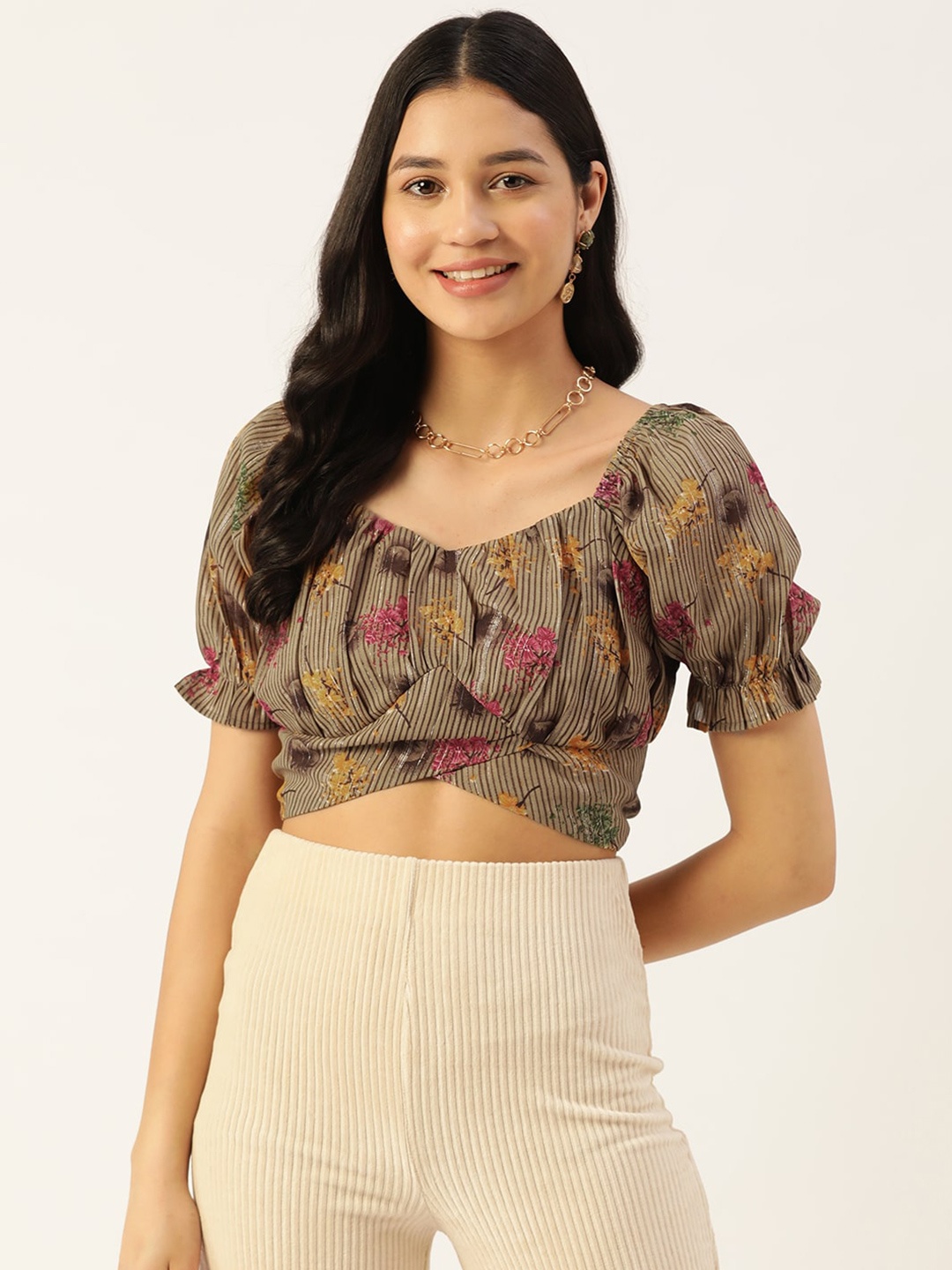 

Slenor Print Puff Sleeve Georgette Blouson Crop Top, Multi