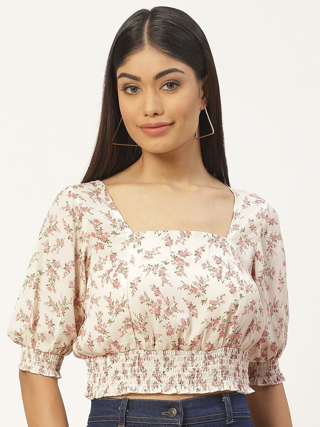 

Slenor Floral Print Puff Sleeve Smocked Georgette Blouson Crop Top, Multi