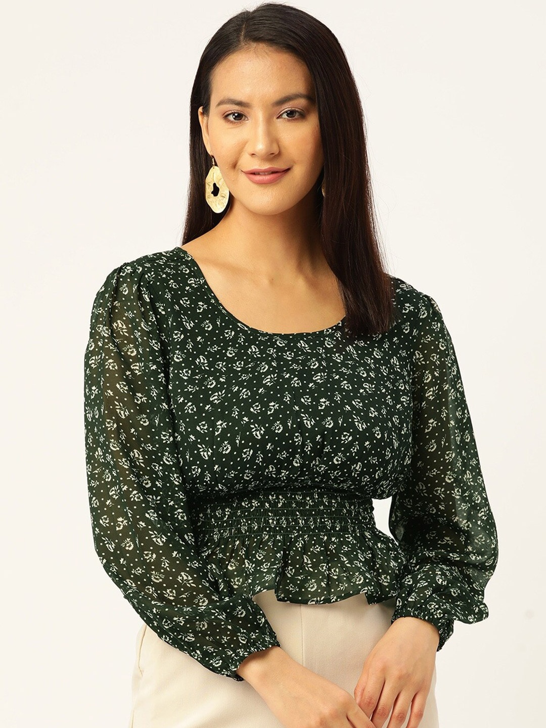 

Slenor Floral Print Georgette Cinched Waist Top, Green