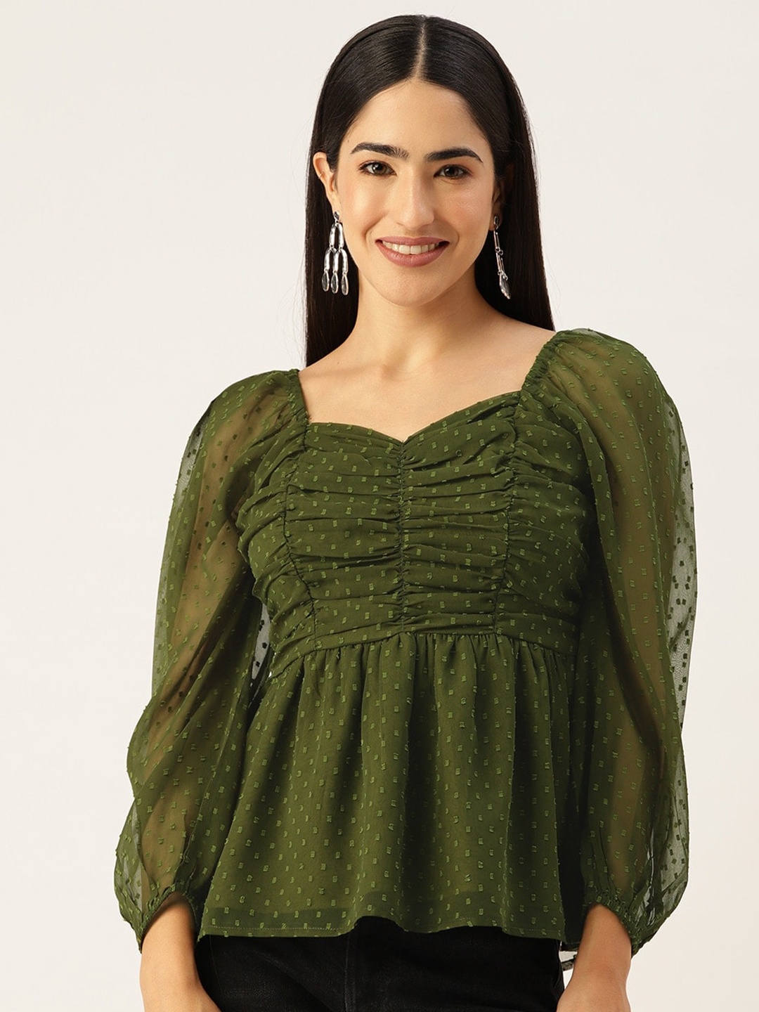 

Slenor Sweetheart Neck Puff Sleeve Georgette Empire Top, Olive