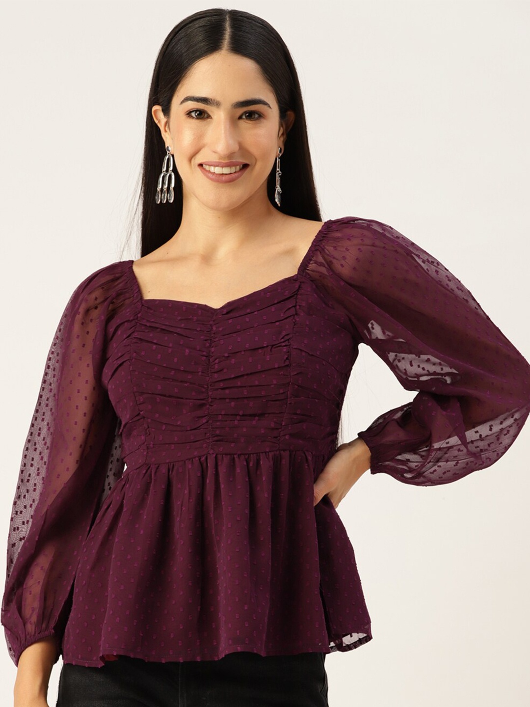

Slenor Sweetheart Neck Puff Sleeve Georgette Peplum Top, Purple