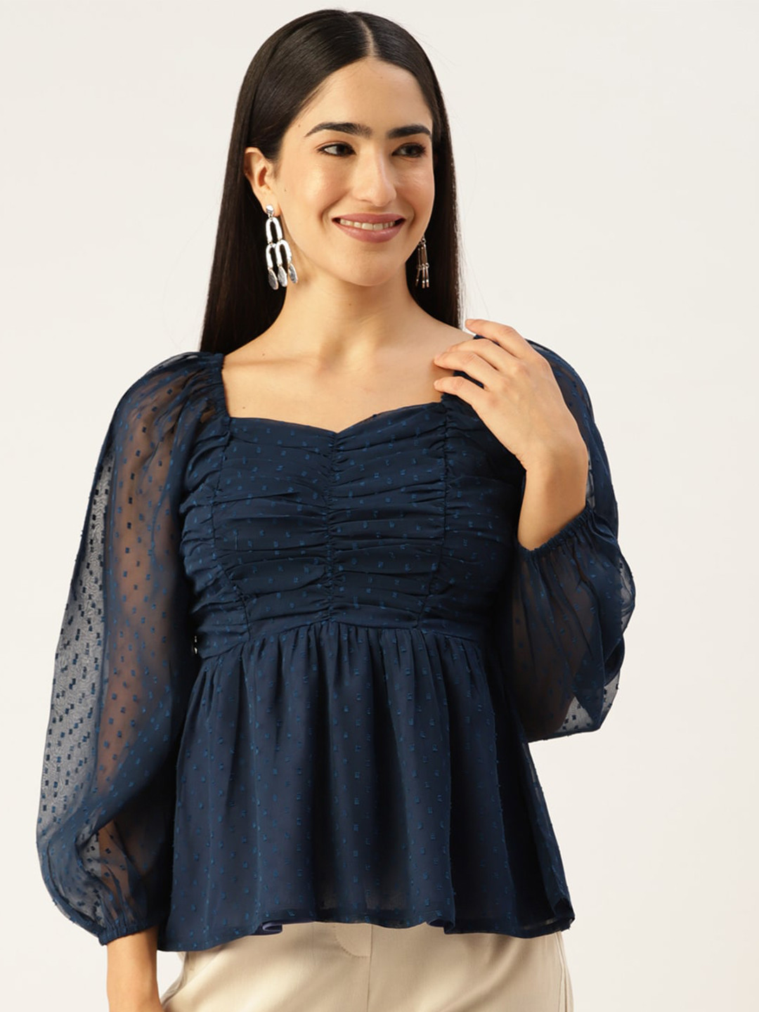 

Slenor Sweetheart Neck Puff Sleeve Georgette Empire Top, Blue