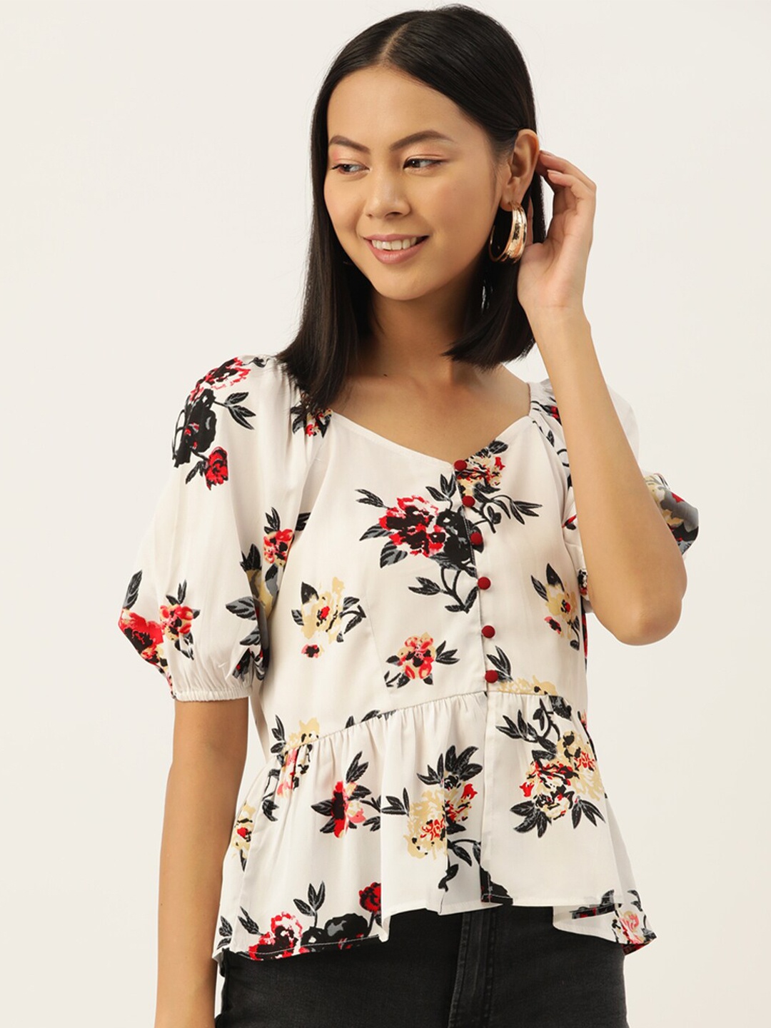 

Slenor Floral Print Puff Sleeve Georgette Top, White