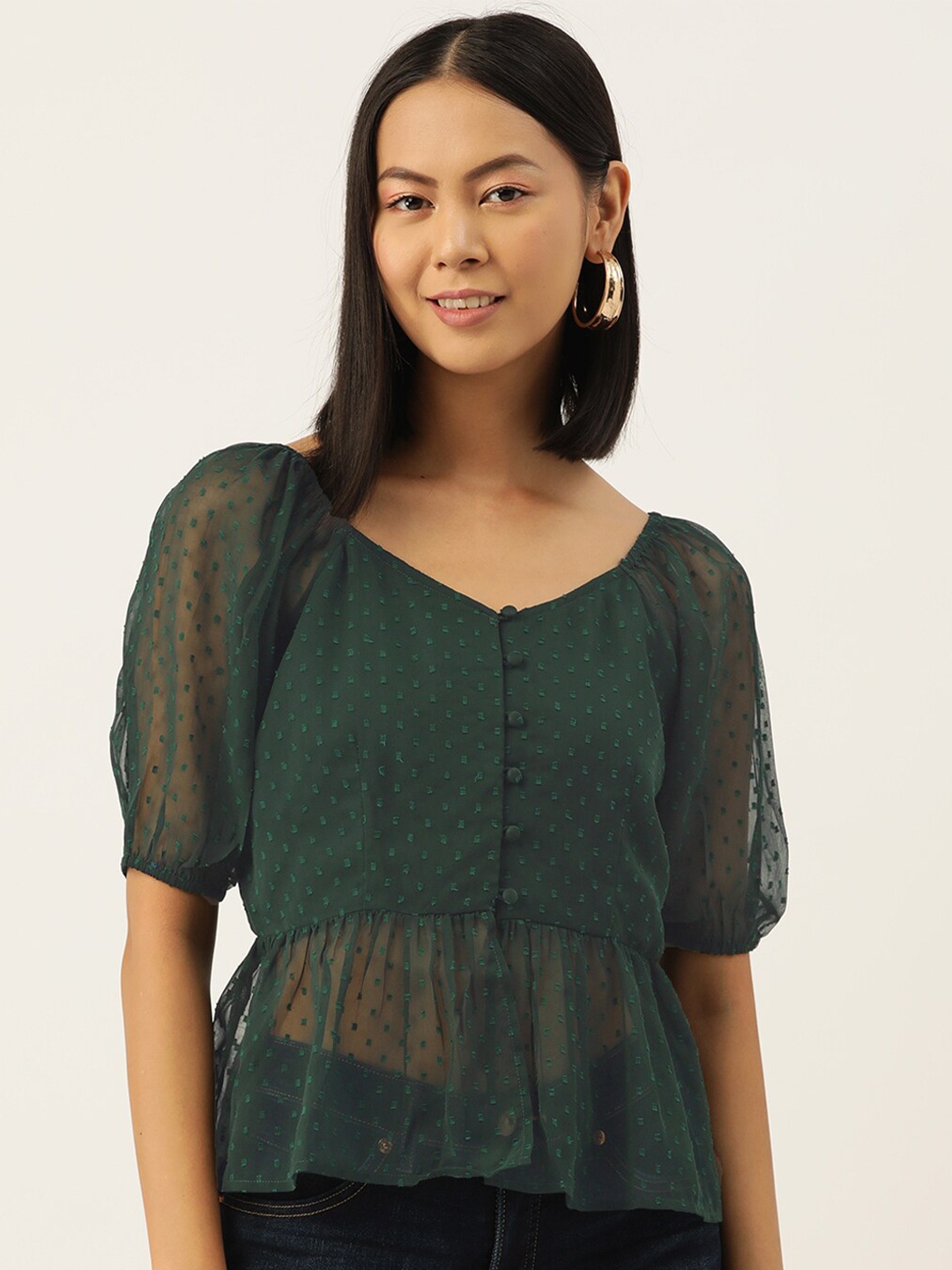 

Slenor Puff Sleeve Georgette Peplum Top, Green