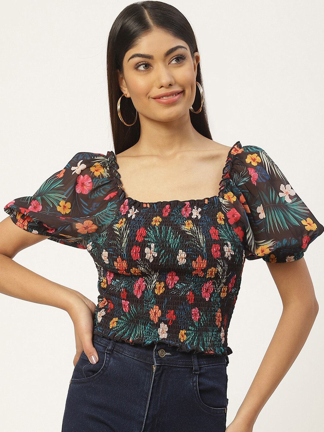 

Slenor Floral Print Puff Sleeve Smocked Georgette Crop Top, Multi