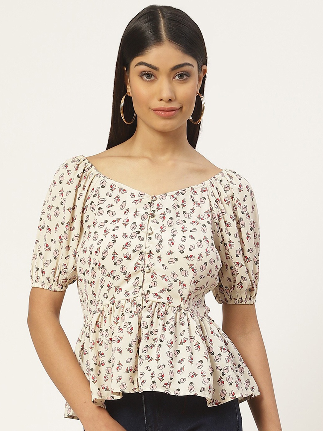 

Slenor Floral Print Puff Sleeve Georgette Peplum Top, Cream