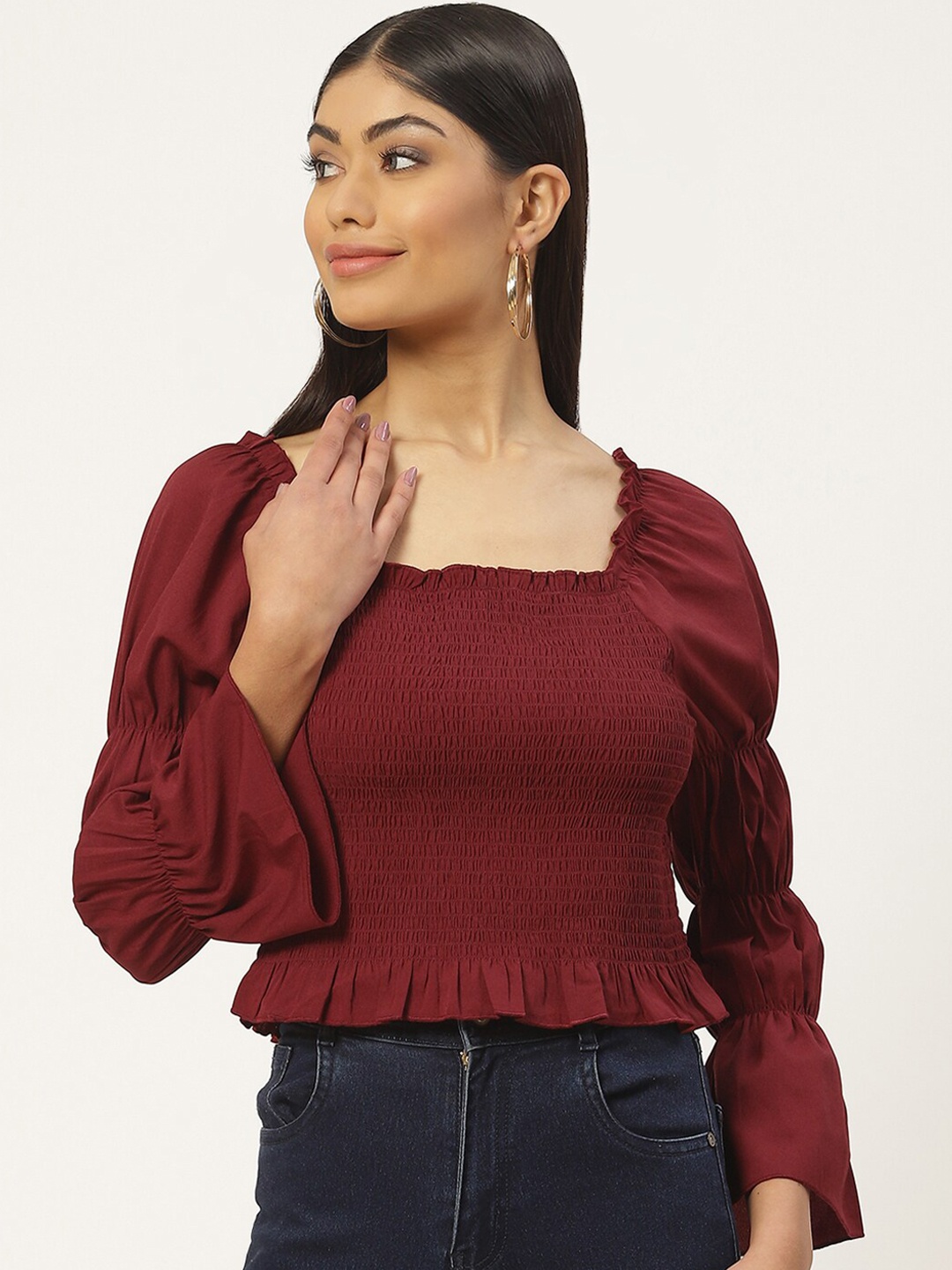 

Slenor Puff Sleeve Smocked Crepe Crop Top, Maroon