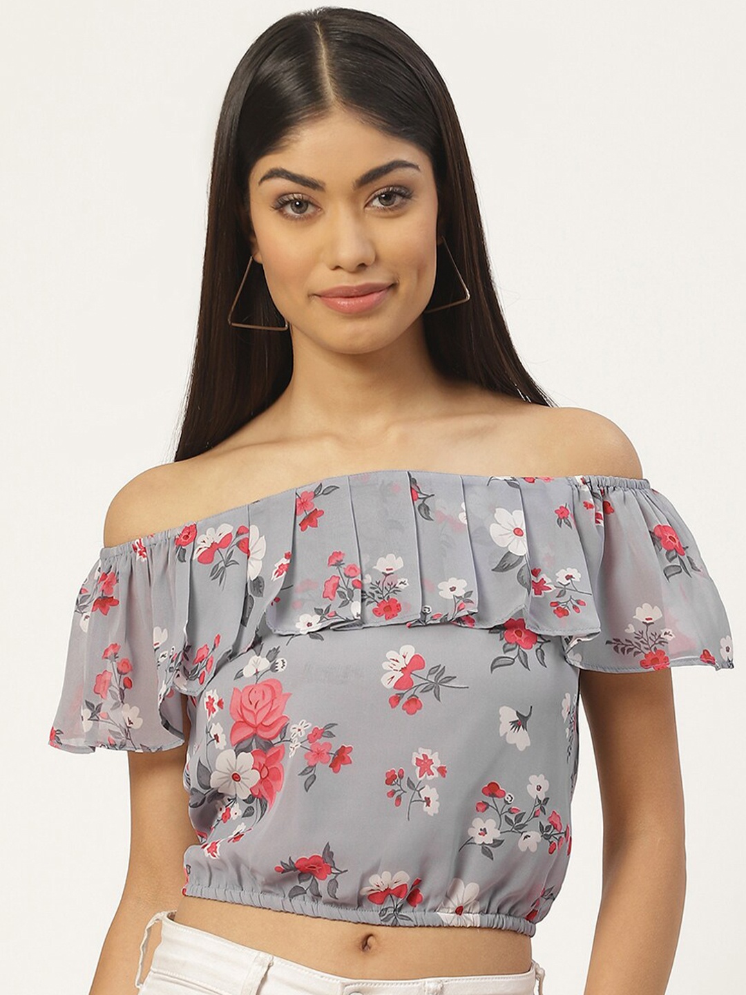 

Slenor Floral Print Off-Shoulder Flutter Sleeve Layered Georgette Bardot Crop Top, Grey