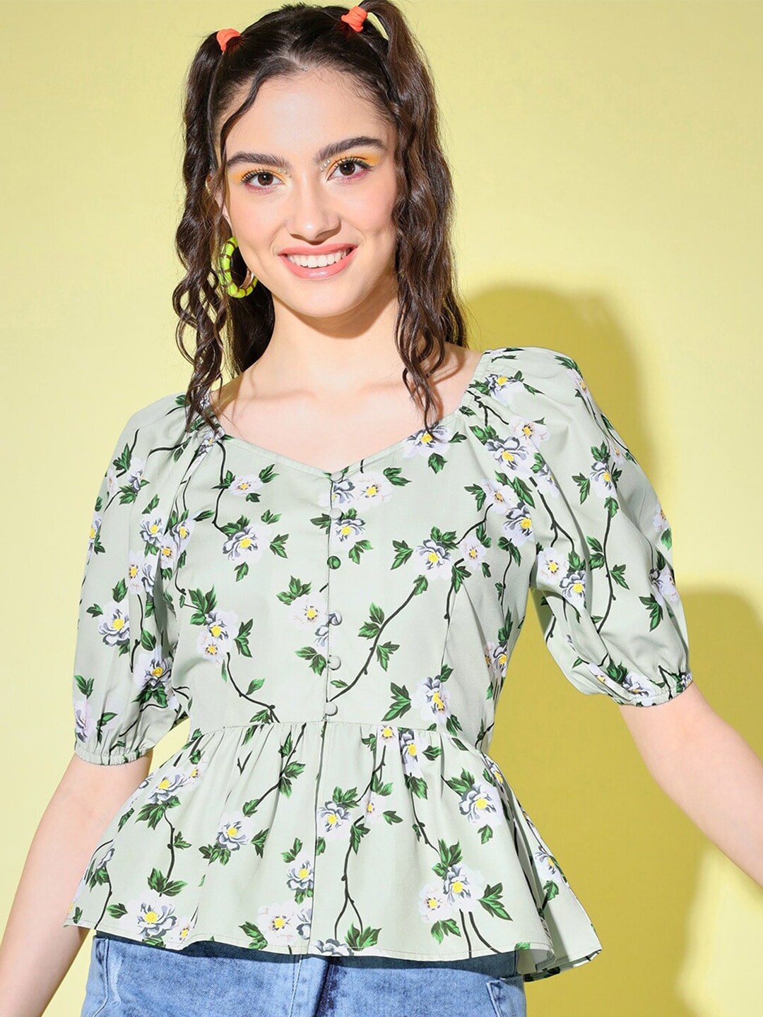 

Slenor Floral Print Puff Sleeve Crepe Peplum Top, Green