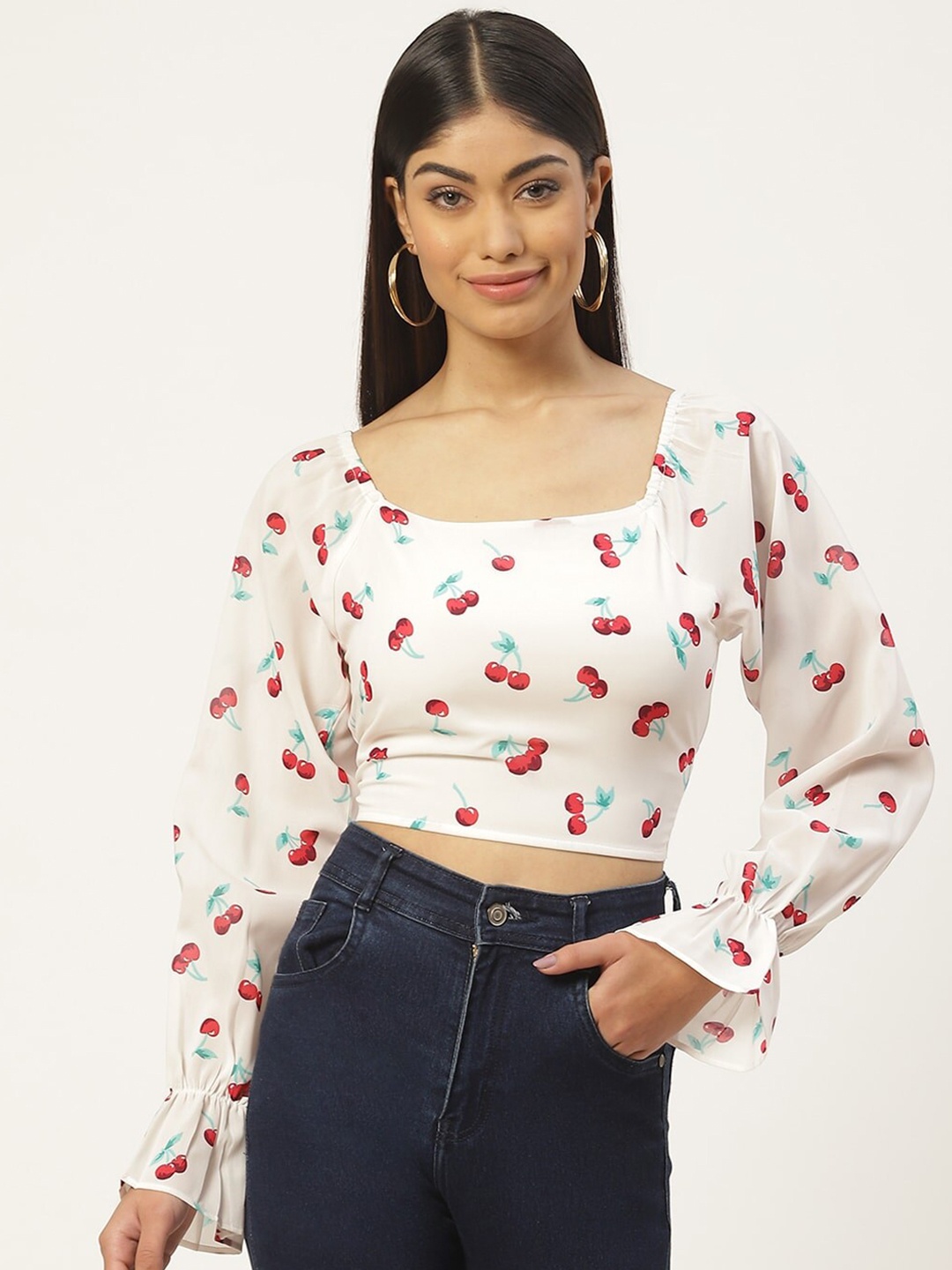

Slenor Floral Print Puff Sleeve Georgette Crop Top, White