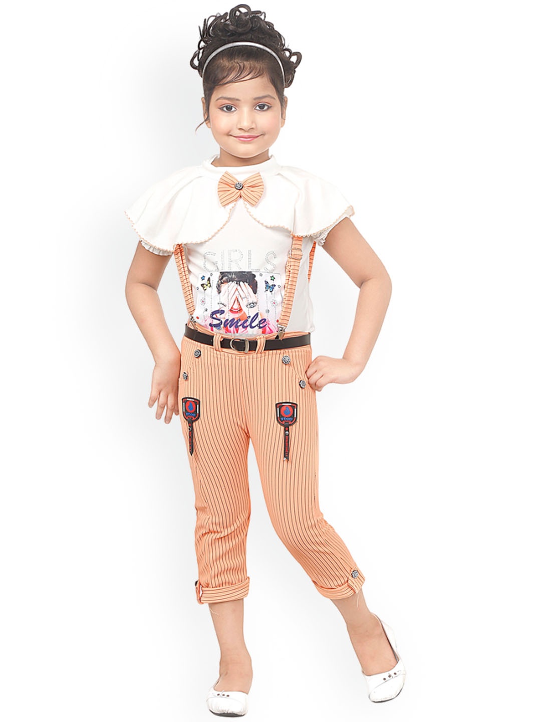 

BAESD Girls Striped Straight Leg Dungarees With Top, Peach