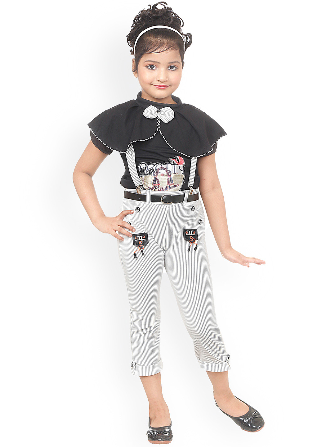 

BAESD Girls Striped Straight Leg Dungarees With Top, Grey