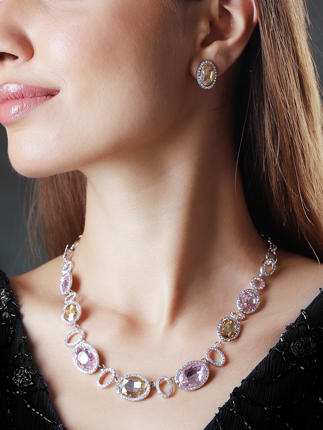 

Rubans Rhodium-Plated & Golden Studded Multi-Color Rhinestones Necklace Set, Silver