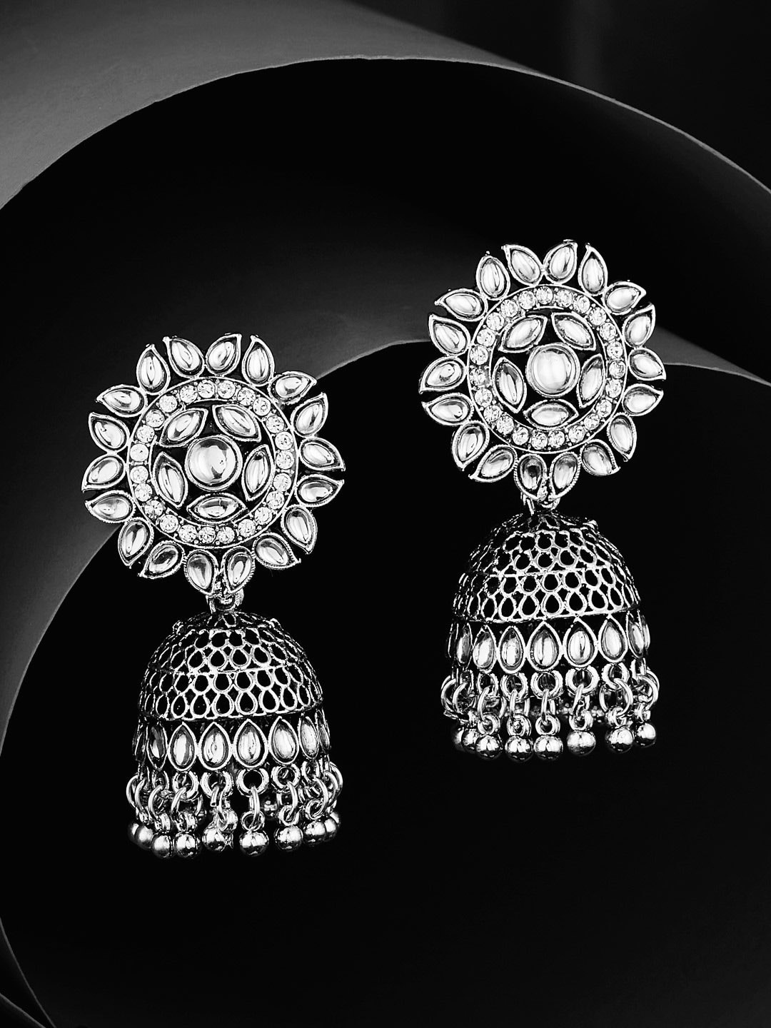 

ATIBELLE Contemporary Jhumkas Earrings, Silver