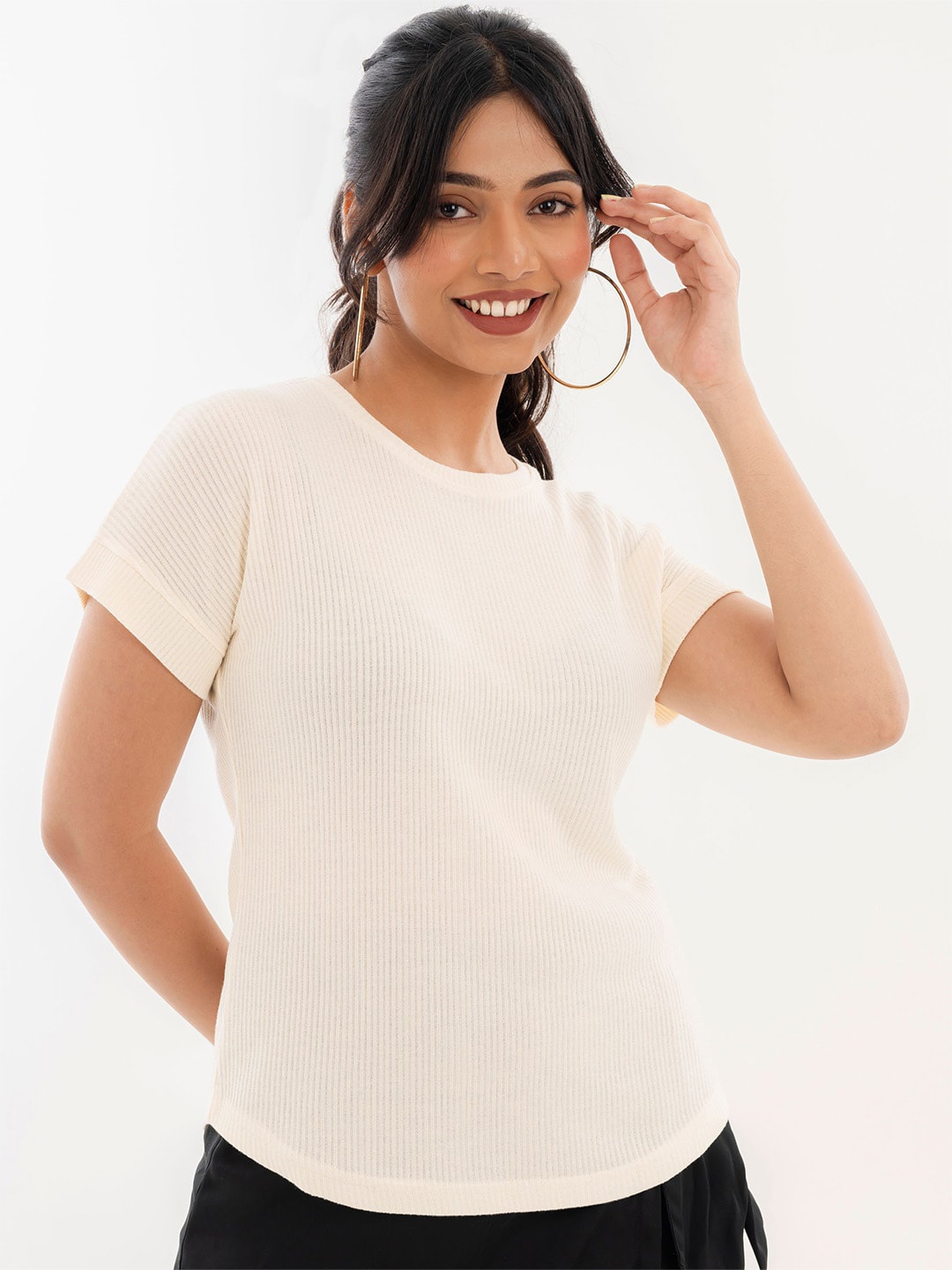 

Halff Grey Ribbed Drop Shoulder Sleeves T-shirt, Off white