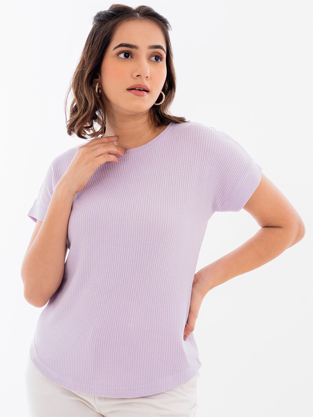 

Halff Grey Ribbed Drop Shoulder Sleeves T-shirt, Lavender