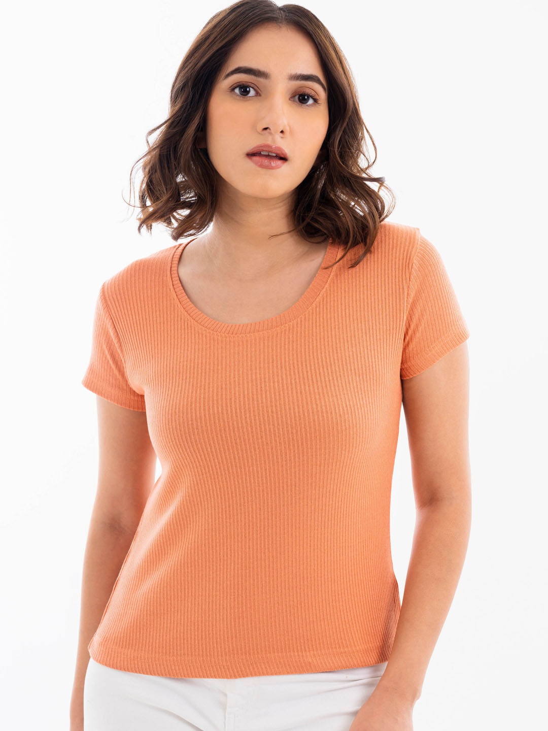 

Halff Grey Women Ribbed Scoop Neck T-Shirt, Orange
