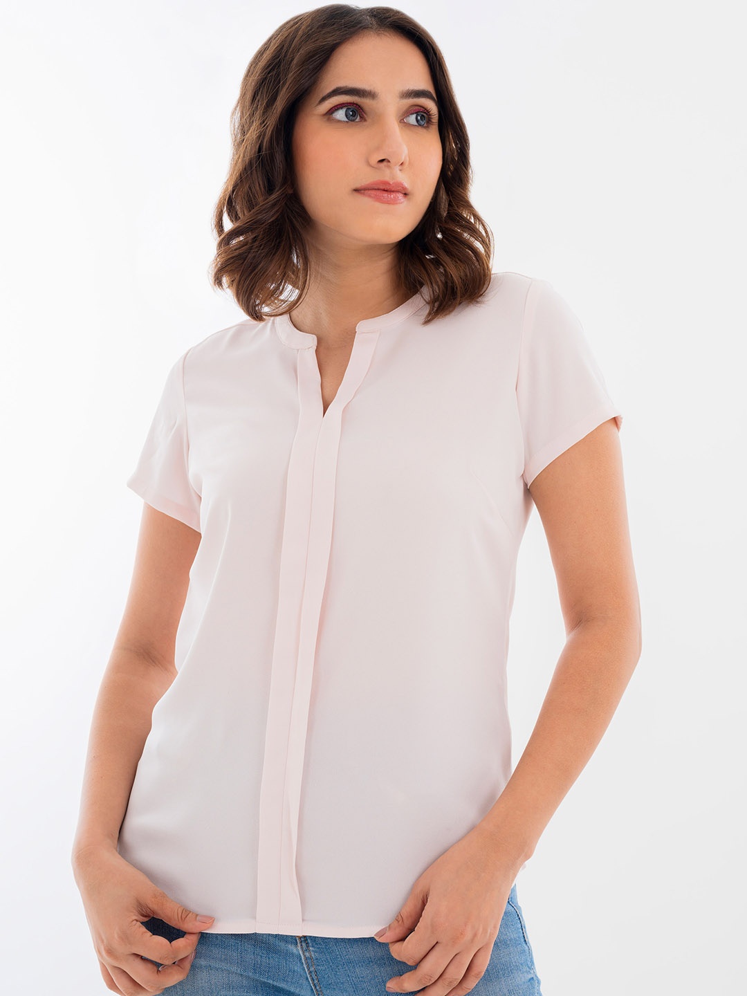 

Halff Grey Mandarin Collar Top, Pink